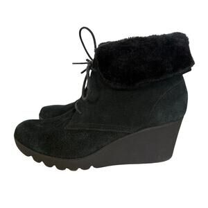 Donald J. Pliner Womens Black Suede Fur Cuff Lace up Wedges Size 9.5